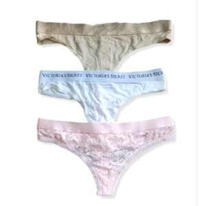 Victoria's Secret Panties (3) Thongs Nude, White & Pink Lace Size L
